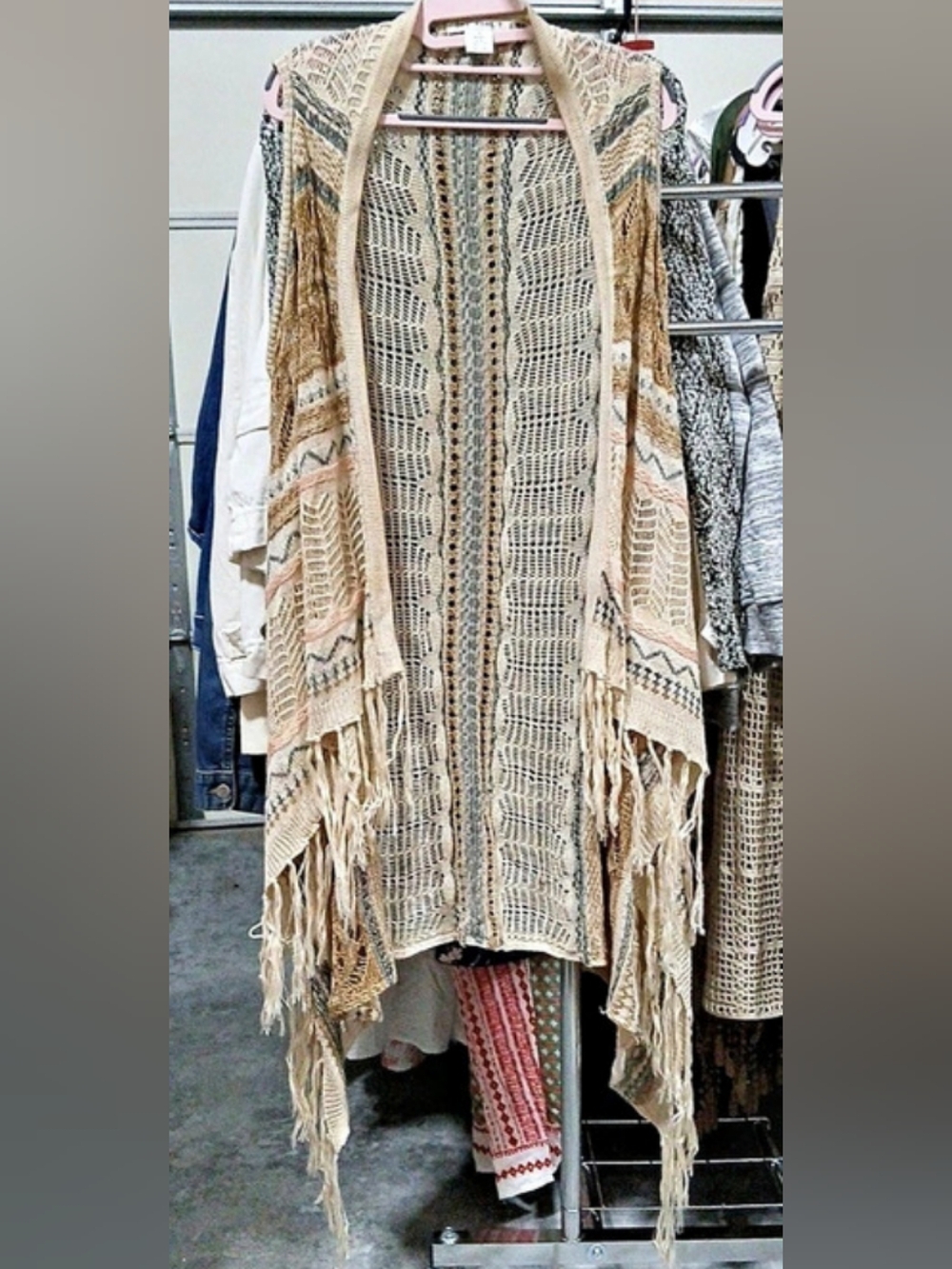 Say What? Open Front Fringe Knit Poncho in Tan & Cream